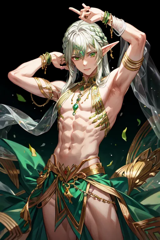 closeup anime promotional portrait of a beautiful shirtless gay male elf in  the midst of a dynamic attack