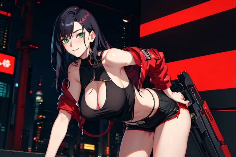 looking at viewer, anime, anime girls, leather tights, cyberpunk, portrait  display, AI art